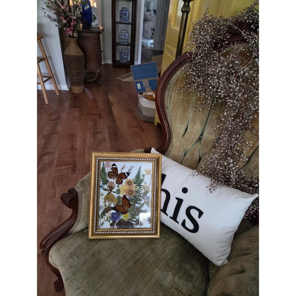 Vintage Pressed Flower Butterfly Art Gold Frame 8x10 Botanical Wall Decor